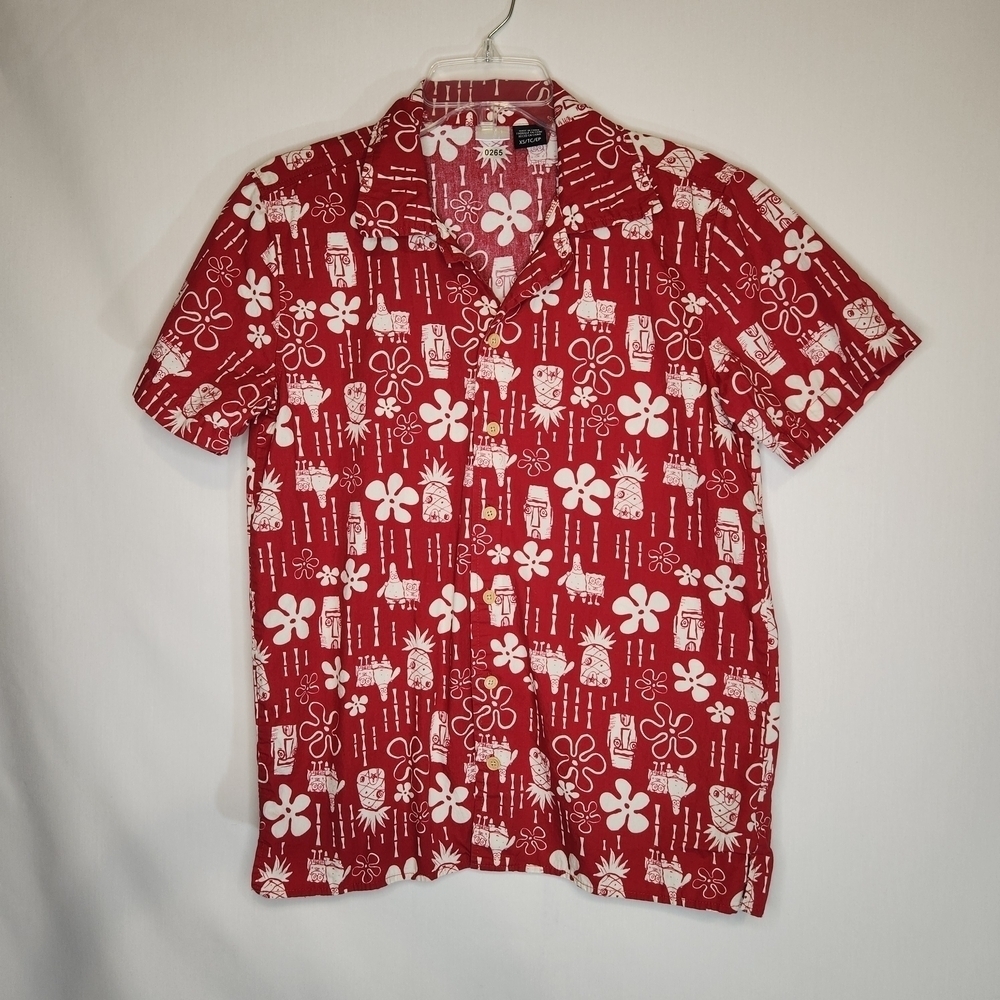 Sponge Bob Square Pants Button Down Shirt. Red and White Floral Men's XS Festive